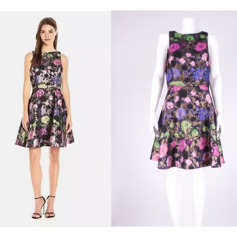 NWT Tahari Metallic Flower Dress- Black/ Pink/ Blue